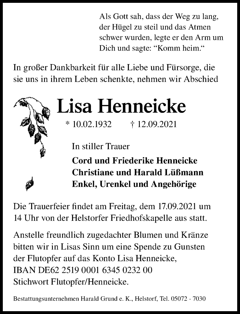 Traueranzeige für Lisa Henneicke vom 15.09.2021 aus Hannoversche Allgemeine Zeitung/Neue Presse