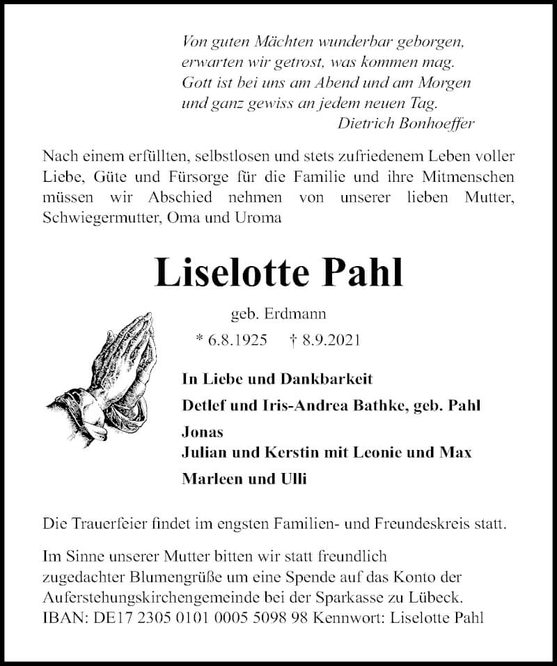  Traueranzeige für Liselotte Pahl vom 19.09.2021 aus Lübecker Nachrichten