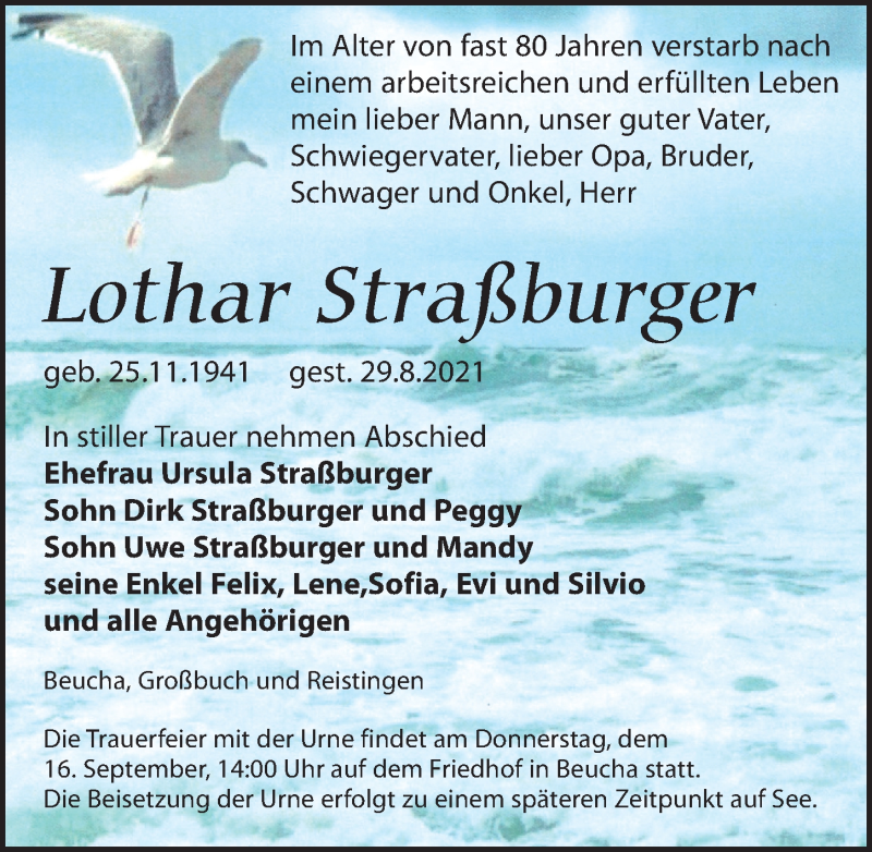  Traueranzeige für Lothar Straßburger vom 04.09.2021 aus Leipziger Volkszeitung