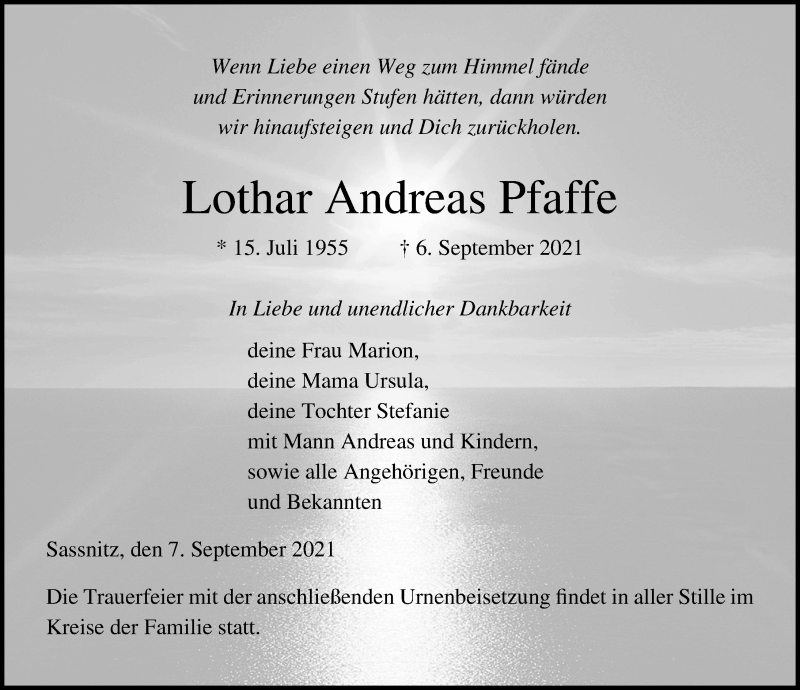  Traueranzeige für Lothar Andreas Pfaffe vom 11.09.2021 aus Ostsee-Zeitung GmbH