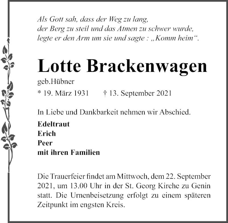  Traueranzeige für Lotte Brackenwagen vom 19.09.2021 aus Lübecker Nachrichten