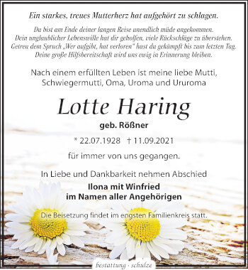 Traueranzeige von Lotte Haring von Leipziger Volkszeitung