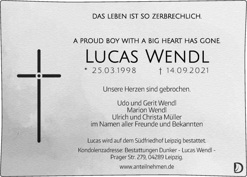  Traueranzeige für Lucas Wendl vom 25.09.2021 aus Leipziger Volkszeitung