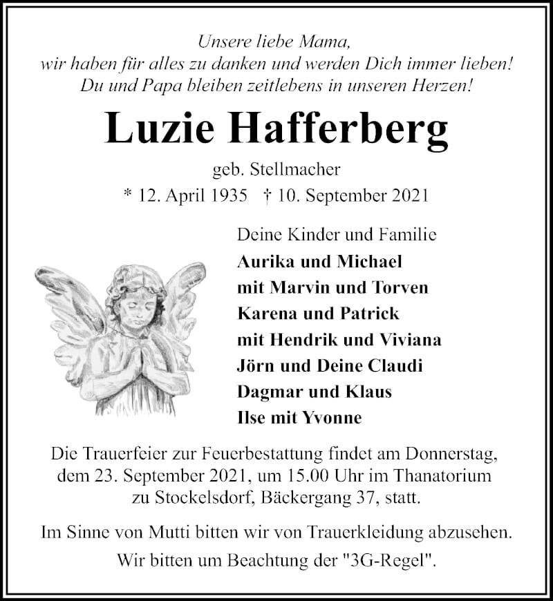  Traueranzeige für Luzie Hafferberg vom 19.09.2021 aus Lübecker Nachrichten