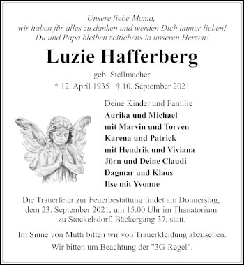 Traueranzeige von Luzie Hafferberg von Lübecker Nachrichten