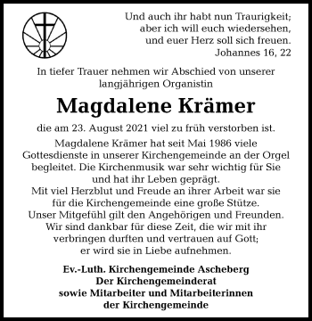 Traueranzeige von Magdalene Krämer von Kieler Nachrichten