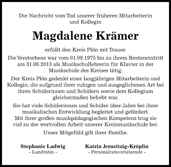 Traueranzeige von Magdalene Krämer von Kieler Nachrichten