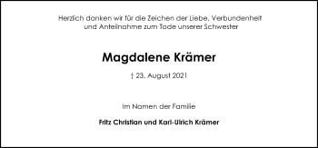 Traueranzeige von Magdalene Krämer von Kieler Nachrichten