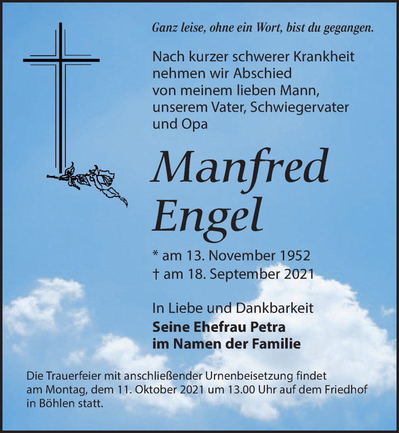  Traueranzeige für Manfred Engel vom 25.09.2021 aus Leipziger Volkszeitung