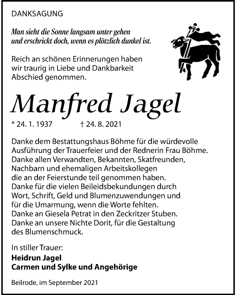  Traueranzeige für Manfred Jagel vom 11.09.2021 aus Torgauer Zeitung
