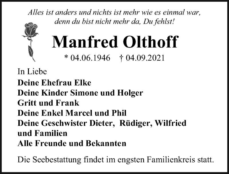  Traueranzeige für Manfred Olthoff vom 11.09.2021 aus Ostsee-Zeitung GmbH