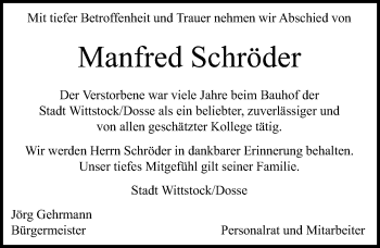 Traueranzeige von Manfred Schröder von Märkischen Allgemeine Zeitung