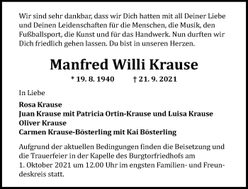Traueranzeige von Manfred Willi Krause von Lübecker Nachrichten
