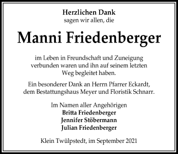 Traueranzeige von Manni Friedenberger von Aller Zeitung