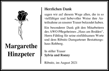 Traueranzeige von Margarethe Hinzpeter von Ostsee-Zeitung GmbH