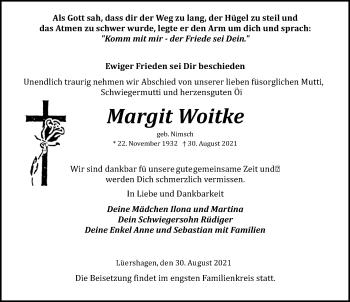 Traueranzeige von Margit Woitke von Ostsee-Zeitung GmbH
