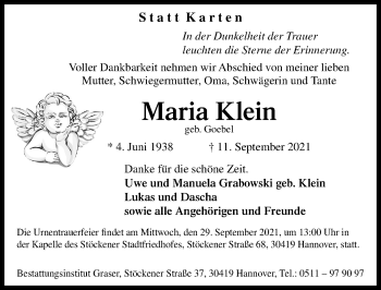 Traueranzeige von Maria Klein von Hannoversche Allgemeine Zeitung/Neue Presse