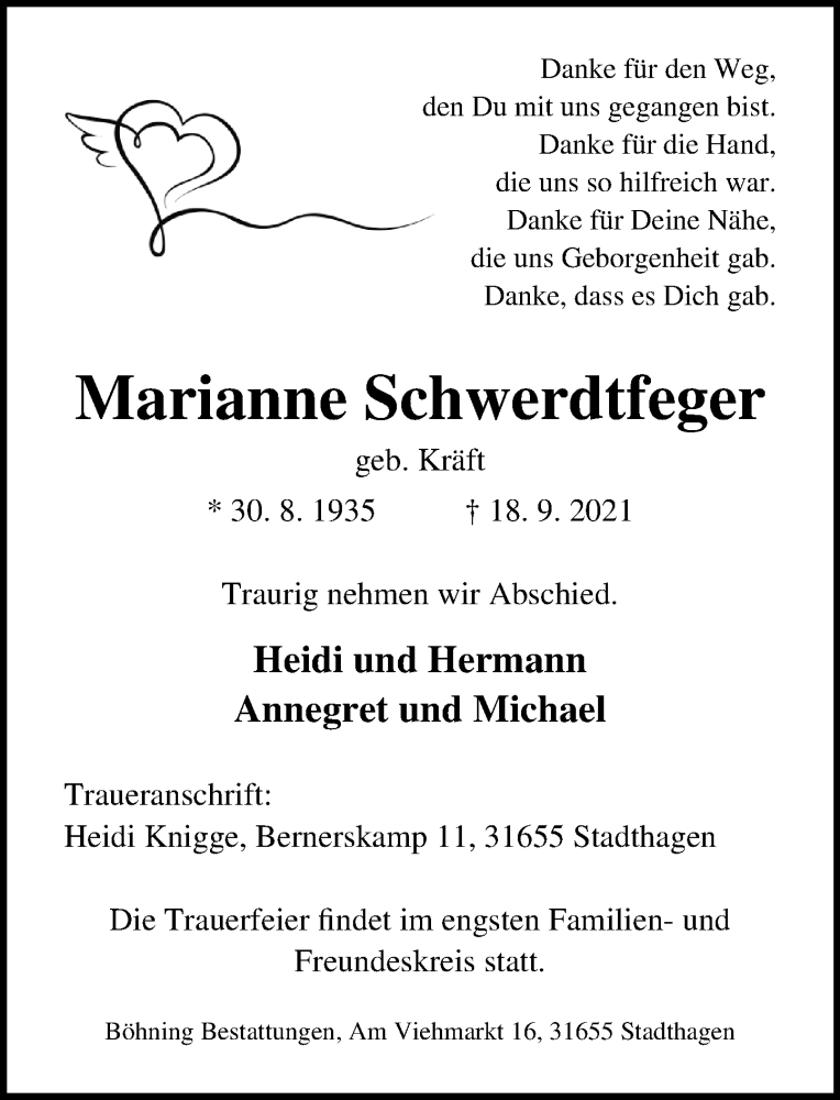  Traueranzeige für Marianne Schwerdtfeger vom 25.09.2021 aus Schaumburger Nachrichten
