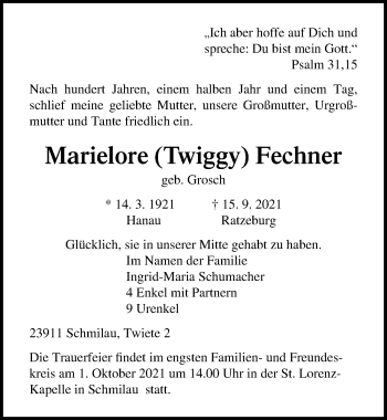 Traueranzeige von Marielore Fechner von Lübecker Nachrichten