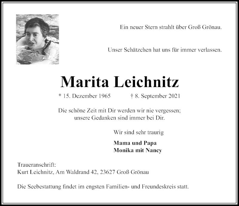  Traueranzeige für Marita Leichnitz vom 19.09.2021 aus Lübecker Nachrichten