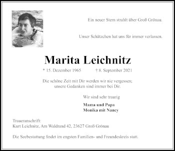Traueranzeige von Marita Leichnitz von Lübecker Nachrichten