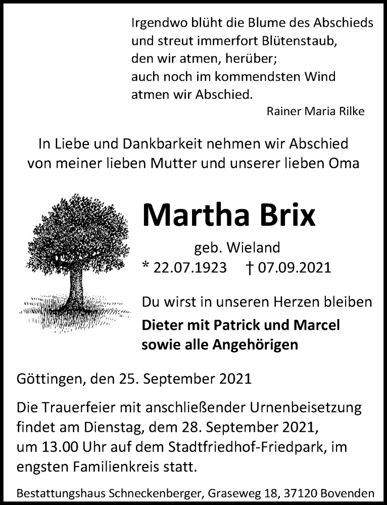  Traueranzeige für Martha Brix vom 25.09.2021 aus Göttinger Tageblatt