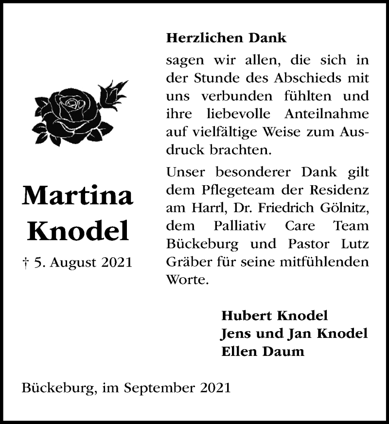  Traueranzeige für Martina Knodel vom 04.09.2021 aus Schaumburger Nachrichten