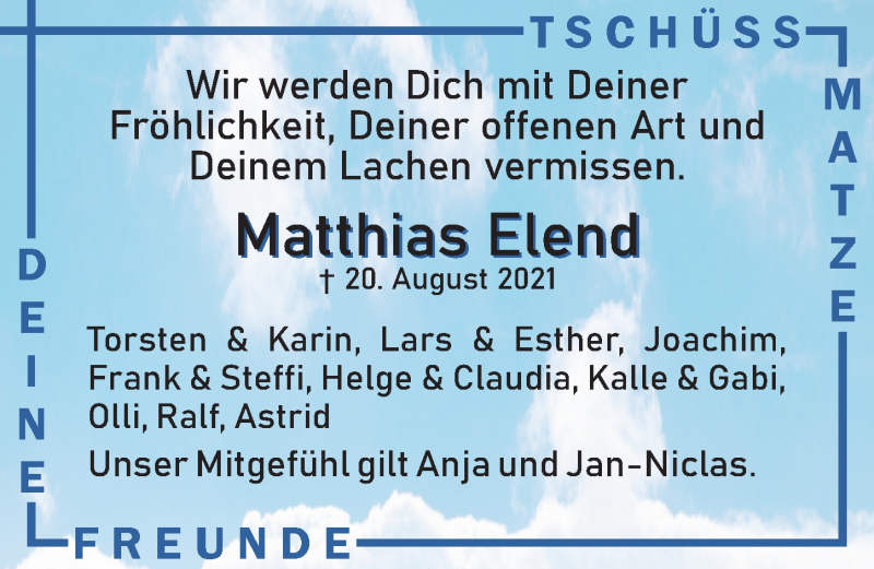  Traueranzeige für Matthias Elend vom 04.09.2021 aus Göttinger Tageblatt