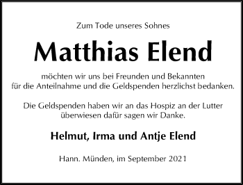 Traueranzeige von Matthias Elend von Göttinger Tageblatt