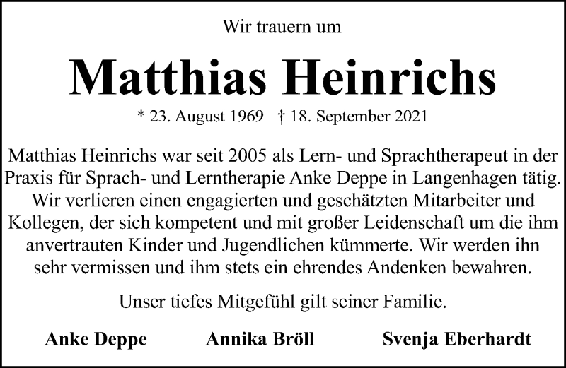  Traueranzeige für Matthias Heinrichs vom 25.09.2021 aus Hannoversche Allgemeine Zeitung/Neue Presse