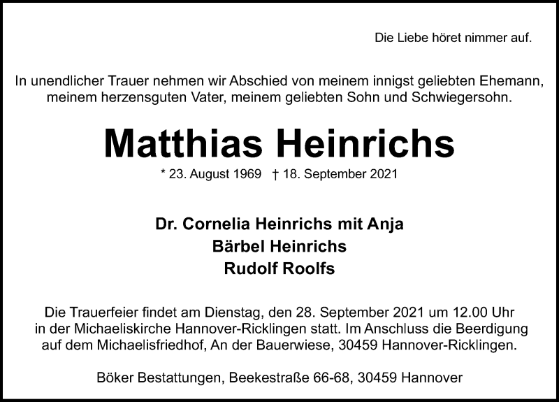  Traueranzeige für Matthias Heinrichs vom 25.09.2021 aus Hannoversche Allgemeine Zeitung/Neue Presse