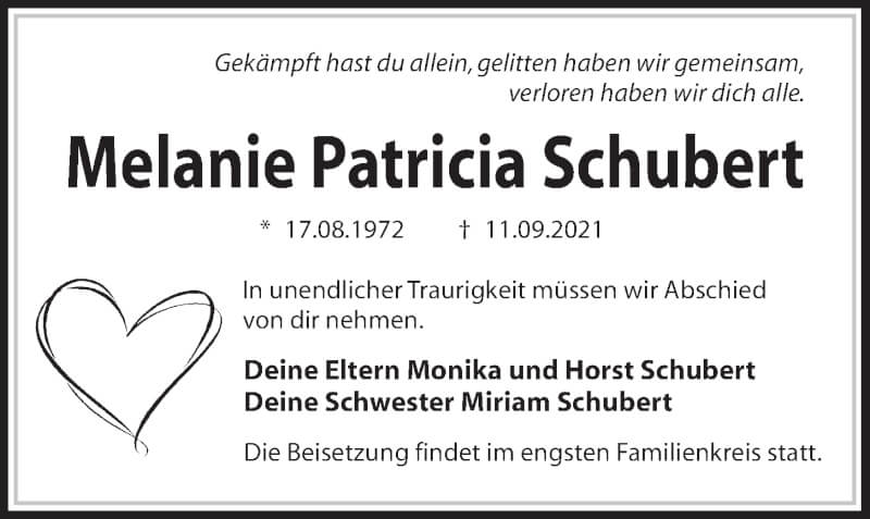  Traueranzeige für Melanie Patricia Schubert vom 18.09.2021 aus Kieler Nachrichten