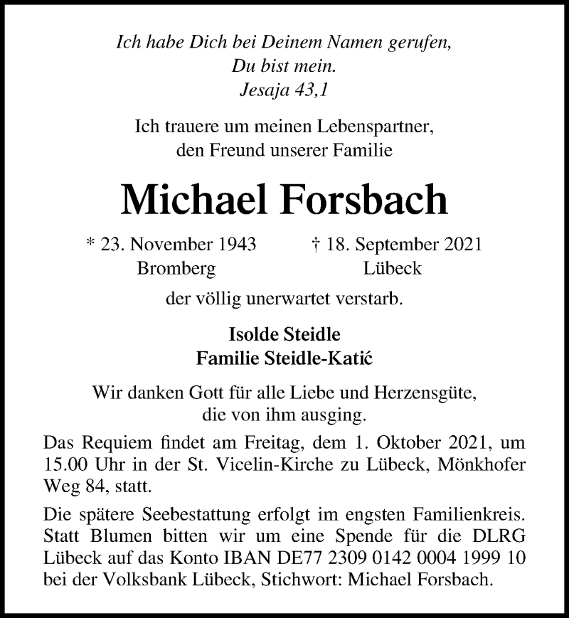  Traueranzeige für Michael Forsbach vom 26.09.2021 aus Lübecker Nachrichten