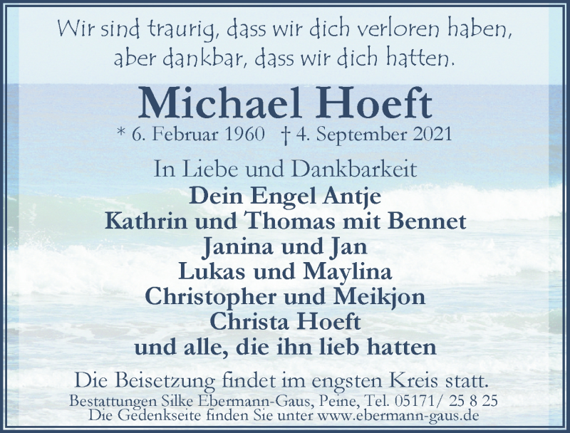  Traueranzeige für Michael Hoeft vom 11.09.2021 aus Peiner Allgemeine Zeitung
