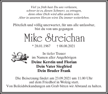 Traueranzeige von Mike Streichan von Märkischen Allgemeine Zeitung