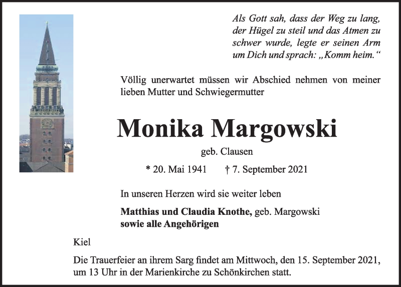  Traueranzeige für Monika Margowski vom 11.09.2021 aus Kieler Nachrichten