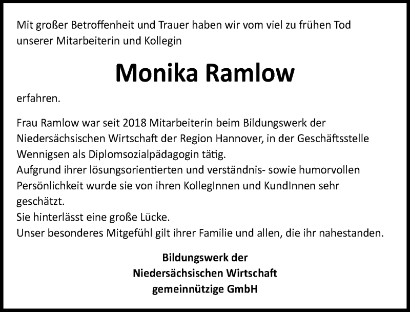  Traueranzeige für Monika Ramlow vom 25.09.2021 aus Hannoversche Allgemeine Zeitung/Neue Presse