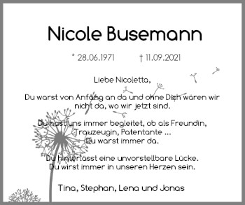 Traueranzeige von Nicole Busemann von Lübecker Nachrichten