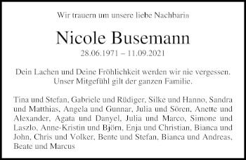 Traueranzeige von Nicole Busemann von Lübecker Nachrichten