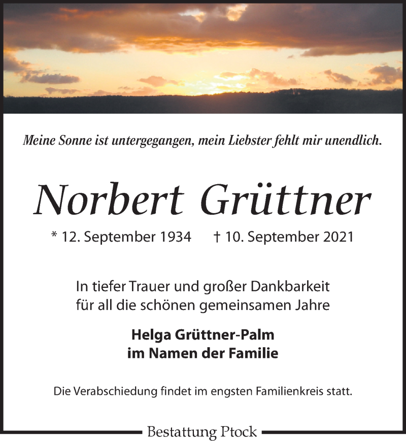  Traueranzeige für Norbert Grüttner vom 25.09.2021 aus Leipziger Volkszeitung
