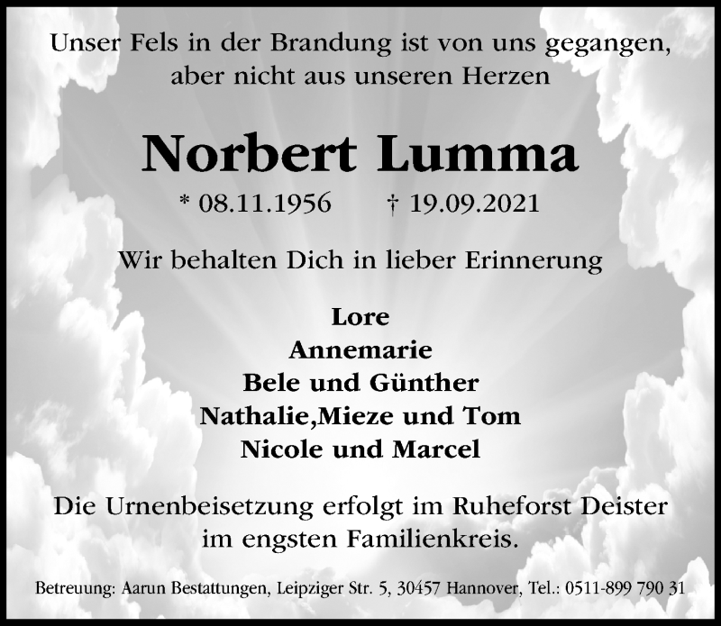  Traueranzeige für Norbert Lumma vom 25.09.2021 aus Hannoversche Allgemeine Zeitung/Neue Presse