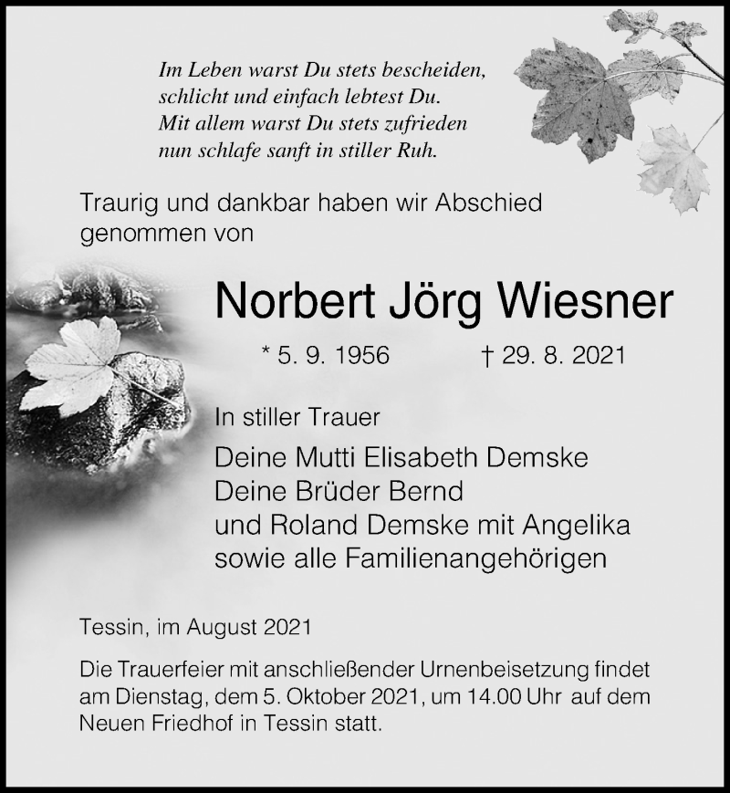  Traueranzeige für Norbert Jörg Wiesner vom 04.09.2021 aus Ostsee-Zeitung GmbH