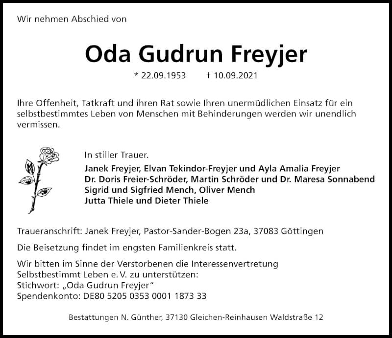  Traueranzeige für Oda Gudrun Freyjer vom 18.09.2021 aus Göttinger Tageblatt