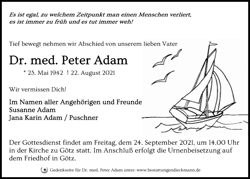  Traueranzeige für Peter Adam vom 04.09.2021 aus Märkischen Allgemeine Zeitung