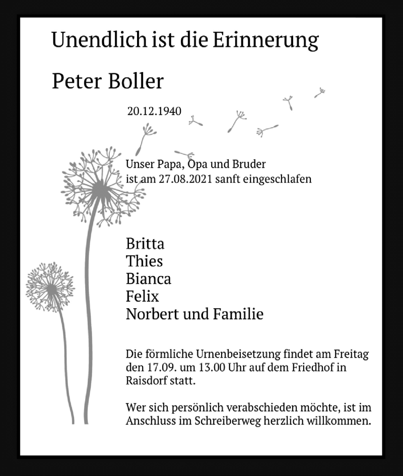  Traueranzeige für Peter Boller vom 11.09.2021 aus Kieler Nachrichten