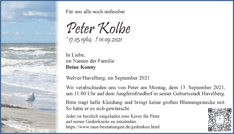  Traueranzeige für Peter Kolbe vom 10.09.2021 aus Märkischen Allgemeine Zeitung