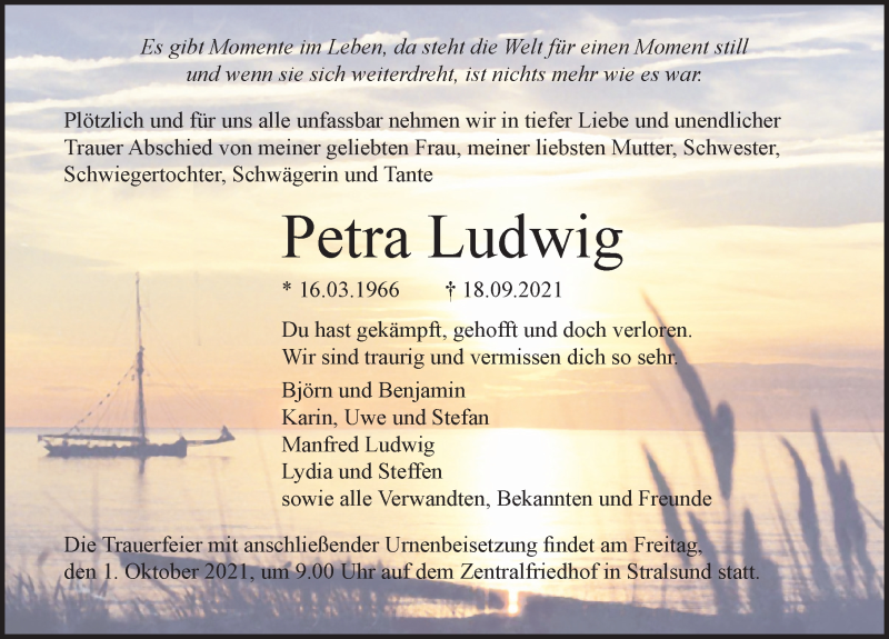  Traueranzeige für Petra Ludwig vom 25.09.2021 aus Ostsee-Zeitung GmbH