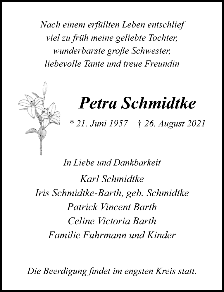  Traueranzeige für Petra Schmidtke vom 05.09.2021 aus Lübecker Nachrichten