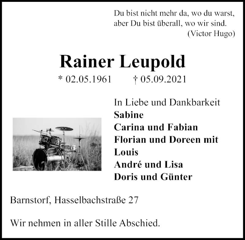  Traueranzeige für Rainer Leupold vom 18.09.2021 aus Aller Zeitung