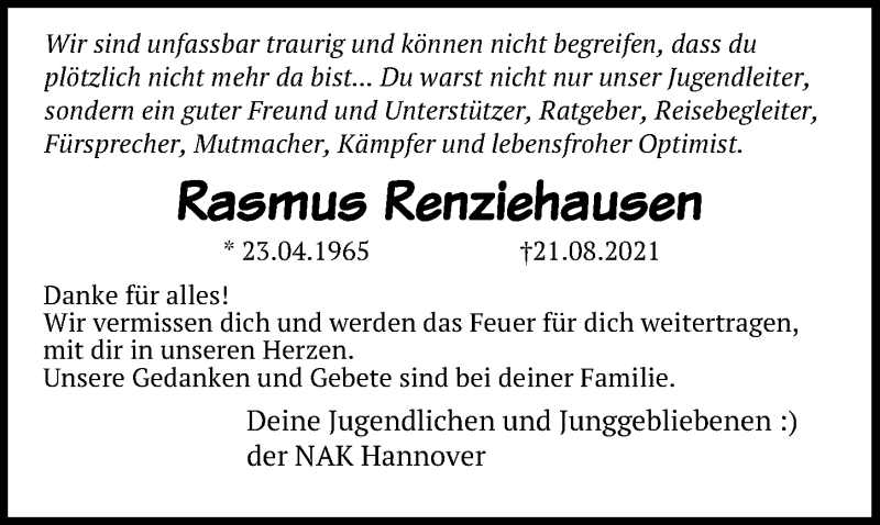  Traueranzeige für Rasmus Renziehausen vom 04.09.2021 aus Hannoversche Allgemeine Zeitung/Neue Presse